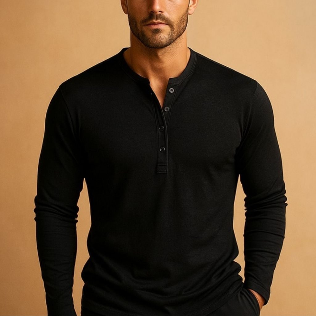 V-Neck Henley Long Sleeve Shirt for Men - Black