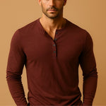 V-Neck Henley Long Sleeve Shirt for Men - Red