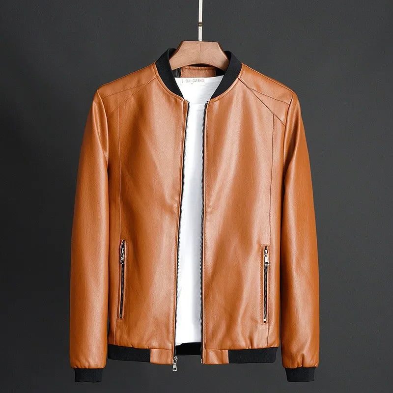 Vegan Leather Zip-Up Jacket with Stand Collar for Men