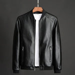 Vegan Leather Zip-Up Jacket with Stand Collar for Men - Black
