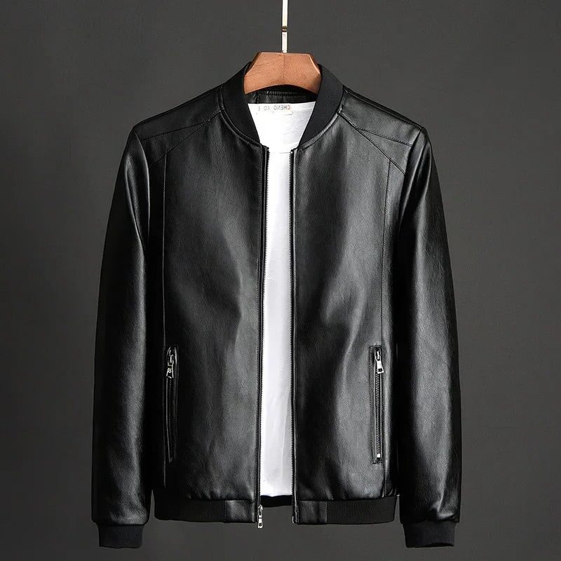 Vegan Leather Zip-Up Jacket with Stand Collar for Men - Black