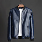 Vegan Leather Zip-Up Jacket with Stand Collar for Men - Blue
