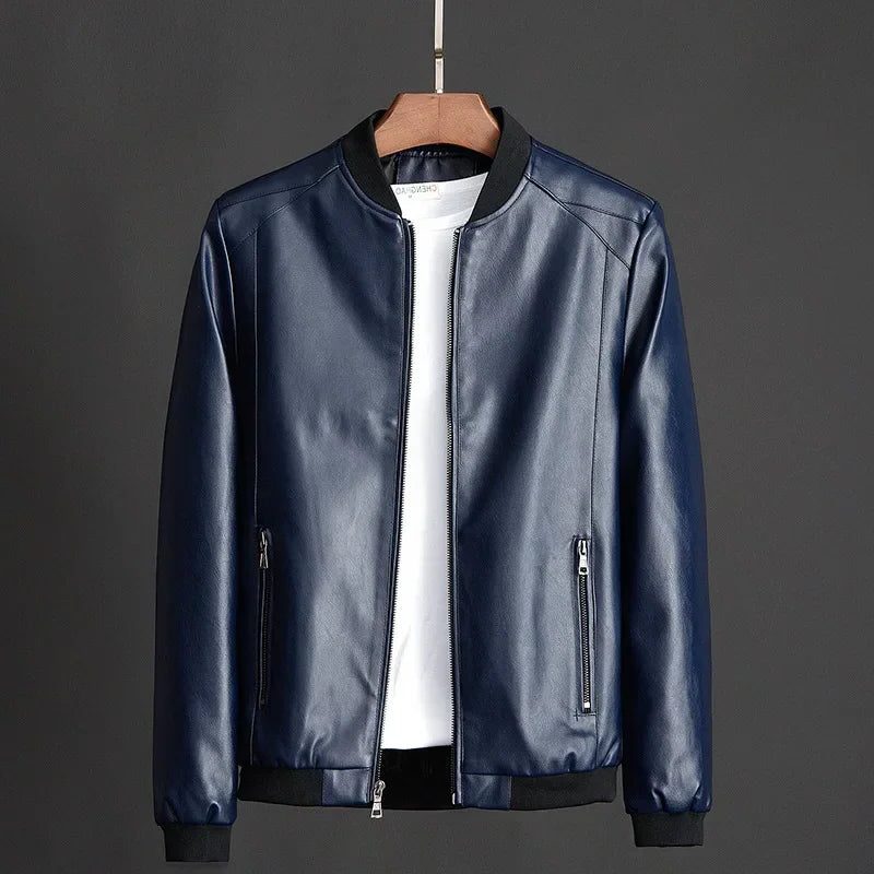Vegan Leather Zip-Up Jacket with Stand Collar for Men - Blue