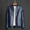 Vegan Leather Zip-Up Jacket with Stand Collar for Men - Blue