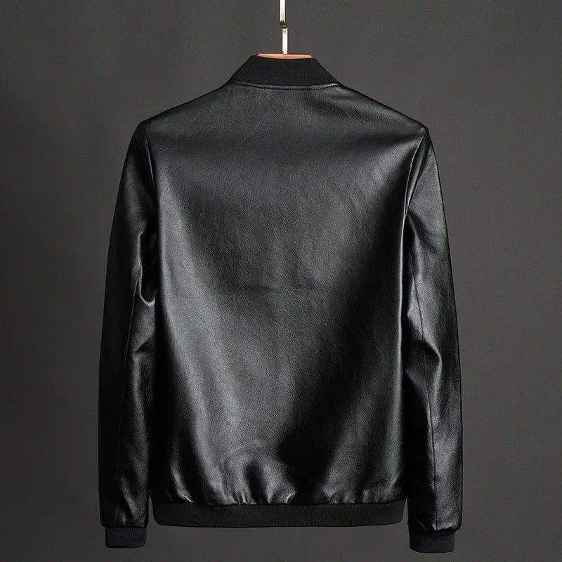 Vegan Leather Zip-Up Jacket with Stand Collar for Men - View 3