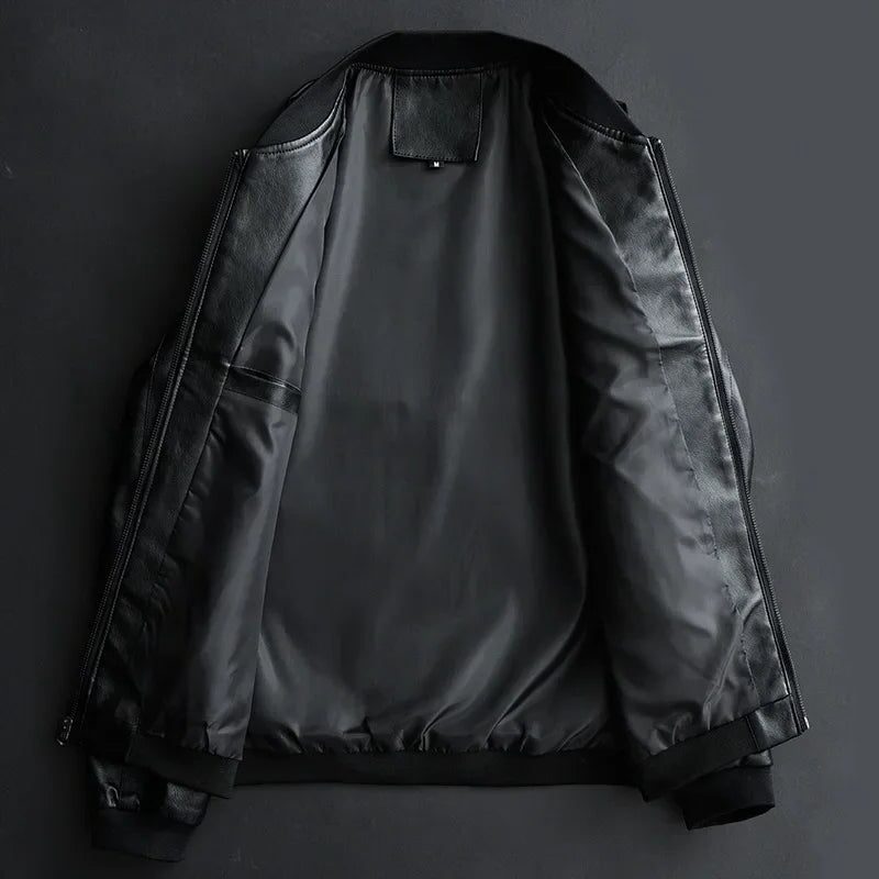 Vegan Leather Zip-Up Jacket with Stand Collar for Men - View 4