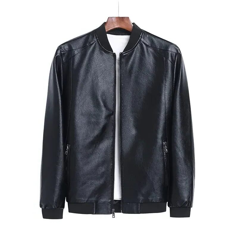 Vegan Leather Zip-Up Jacket with Stand Collar for Men - View 6