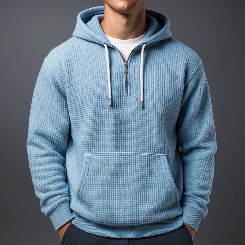 Waffle Knit Half-Zip Hoodie with Kangaroo Pocket for Men