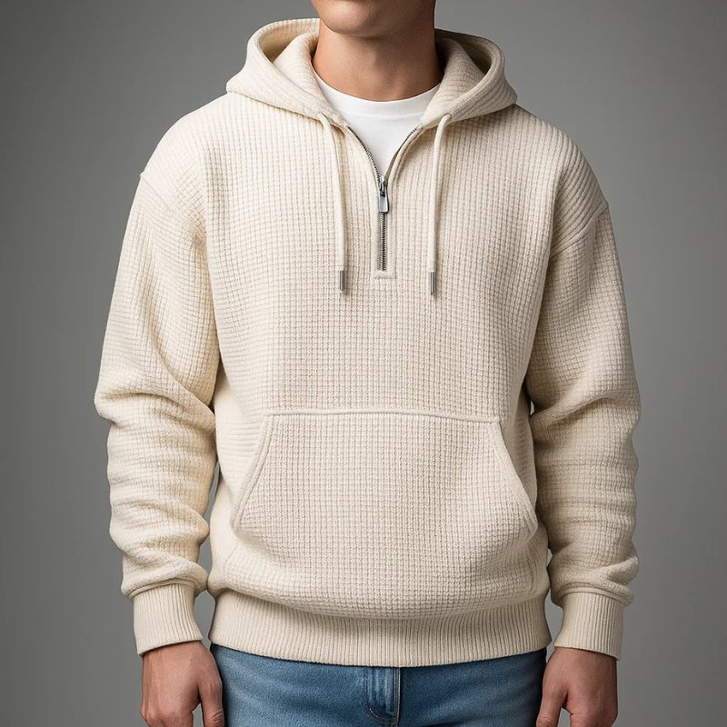Waffle Knit Half-Zip Hoodie with Kangaroo Pocket for Men - Beige