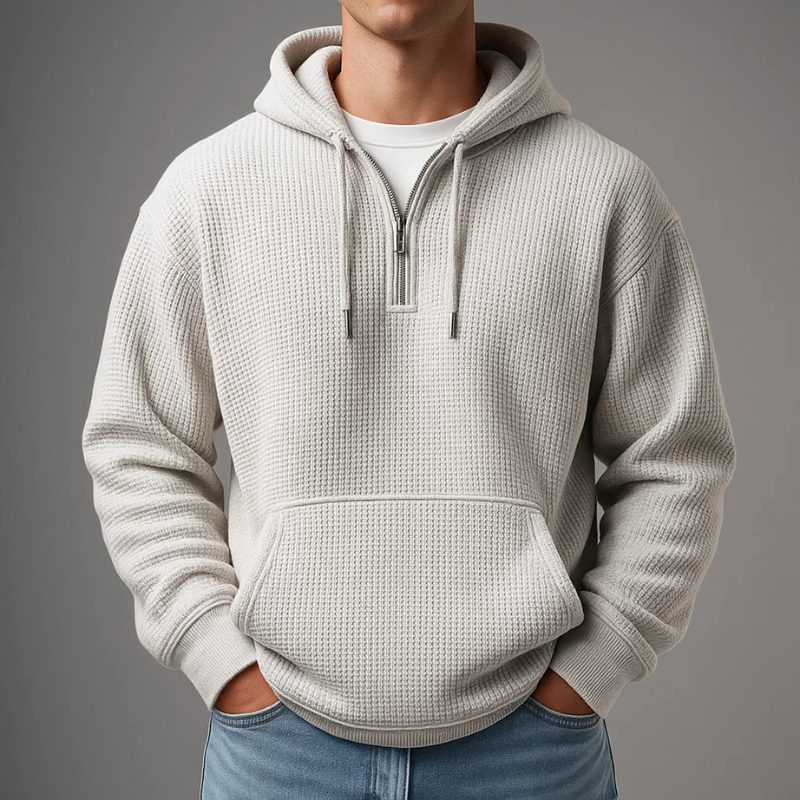 Waffle Knit Half-Zip Hoodie with Kangaroo Pocket for Men - Gray