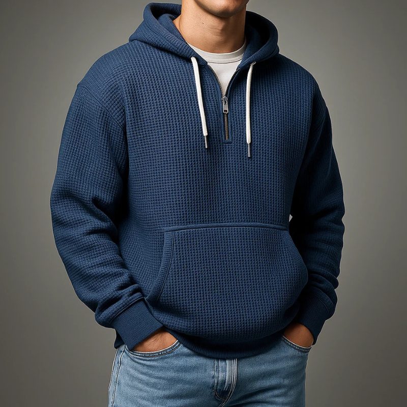 Waffle Knit Half-Zip Hoodie with Kangaroo Pocket for Men - Navy Blue