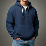 Waffle Knit Half-Zip Hoodie with Kangaroo Pocket for Men - Navy Blue