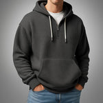 Waffle Knit Half-Zip Hoodie with Kangaroo Pocket for Men - Black