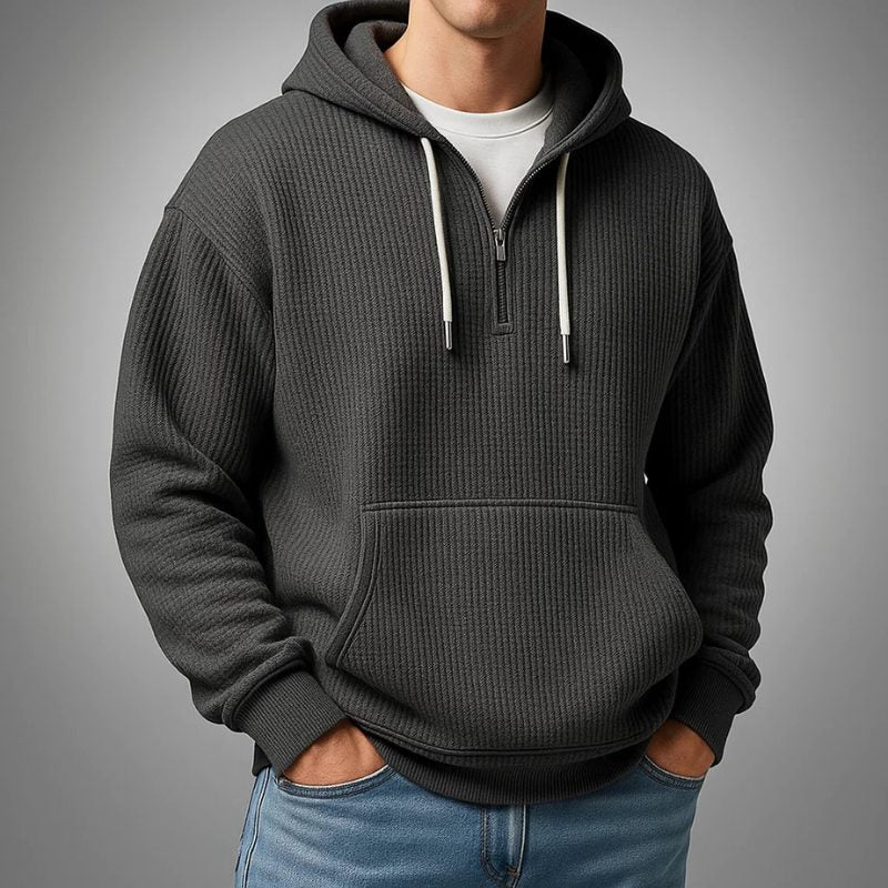 Waffle Knit Half-Zip Hoodie with Kangaroo Pocket for Men - Black