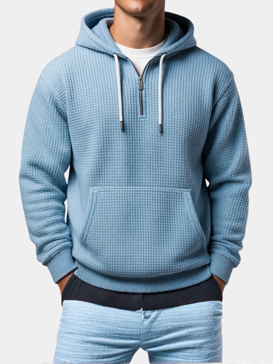 Waffle Knit Half-Zip Hoodie with Kangaroo Pocket for Men - View 7