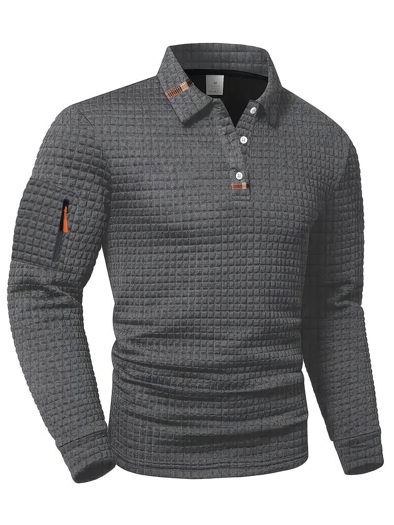 Waffle Knit Long Sleeve Polo Shirt with Zip Pocket for Men - Gray