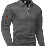 Waffle Knit Long Sleeve Polo Shirt with Zip Pocket for Men - Gray