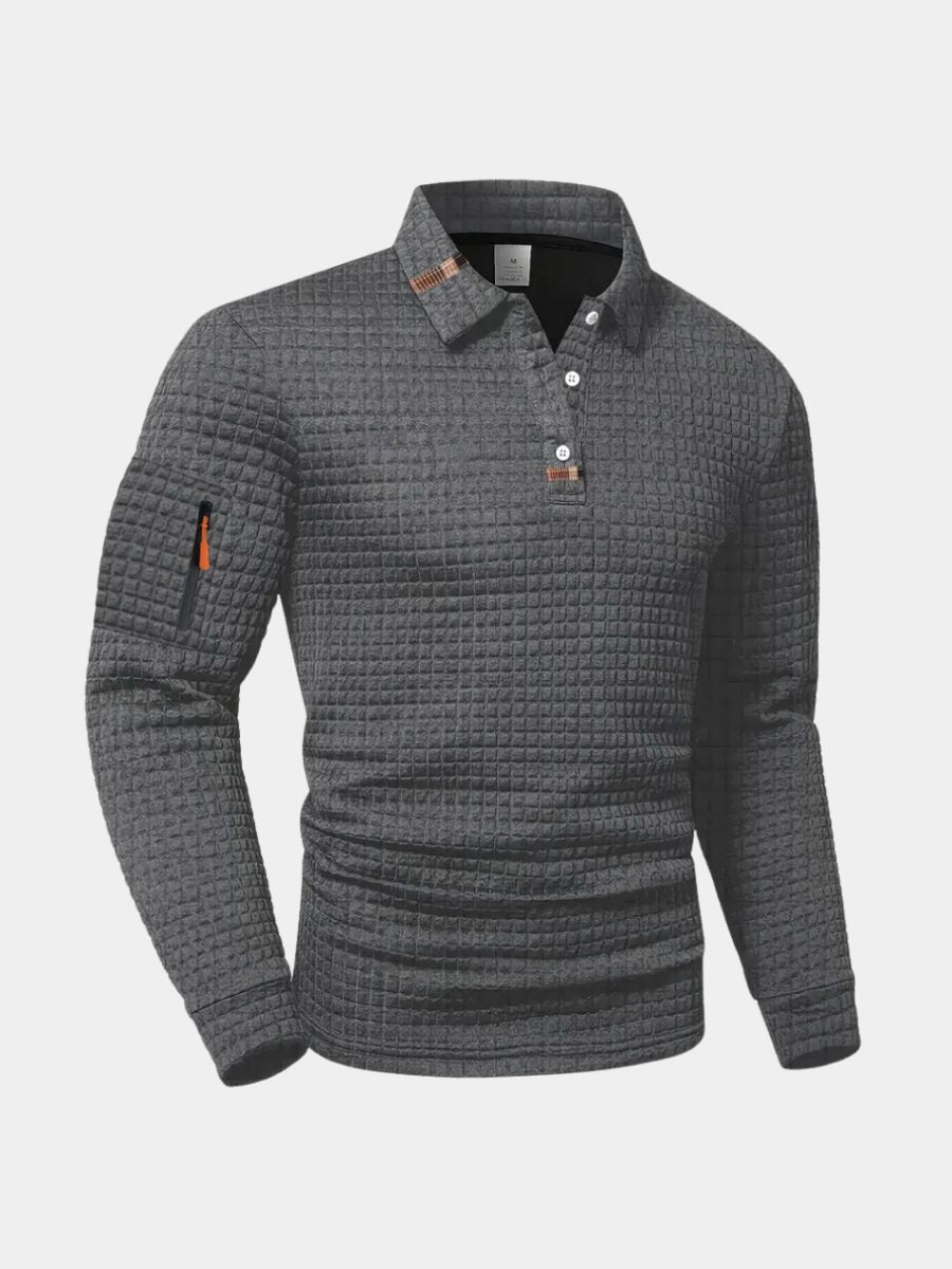 Waffle Knit Long Sleeve Polo Shirt with Zip Pocket for Men