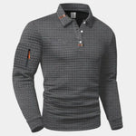 Waffle Knit Long Sleeve Polo Shirt with Zip Pocket for Men