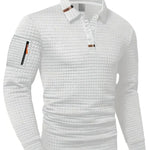 Waffle Knit Long Sleeve Polo Shirt with Zip Pocket for Men - White