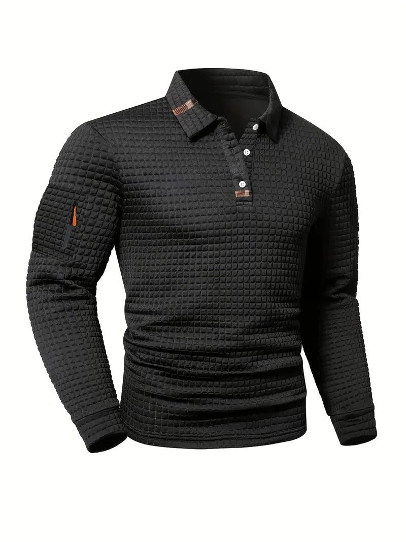 Waffle Knit Long Sleeve Polo Shirt with Zip Pocket for Men - Black