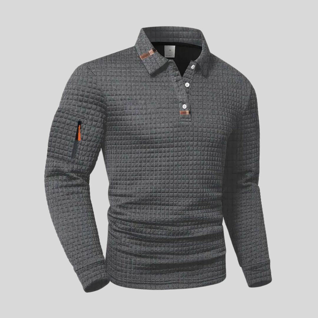 Waffle Knit Long Sleeve Polo Shirt with Zip Pocket for Men - View 2