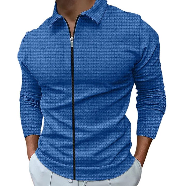 Waffle Knit Polo Collar Zip-Up Long Sleeve Shirt for Men