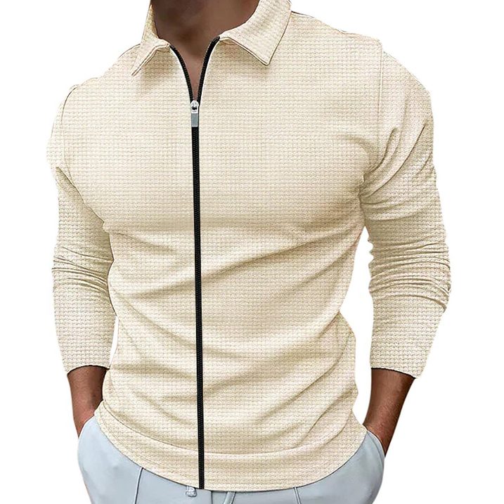 Waffle Knit Polo Collar Zip-Up Long Sleeve Shirt for Men - Khaki