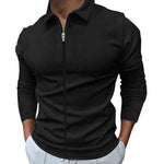 Waffle Knit Polo Collar Zip-Up Long Sleeve Shirt for Men - Black
