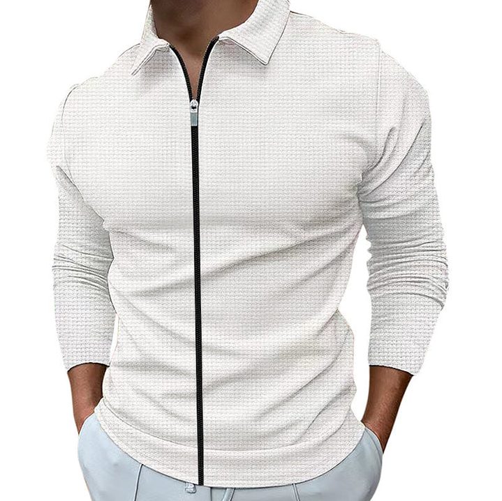 Waffle Knit Polo Collar Zip-Up Long Sleeve Shirt for Men - White