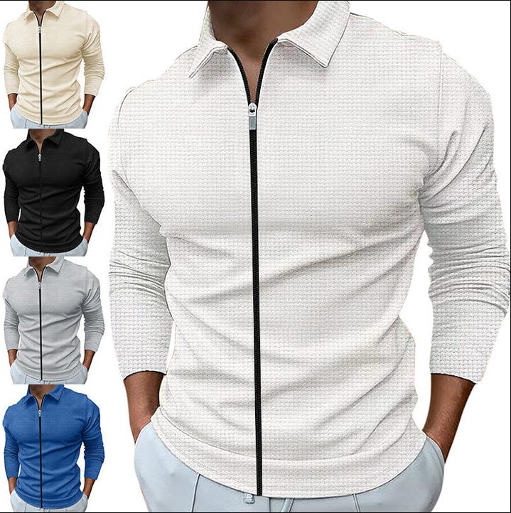 Waffle Knit Polo Collar Zip-Up Long Sleeve Shirt for Men - View 6