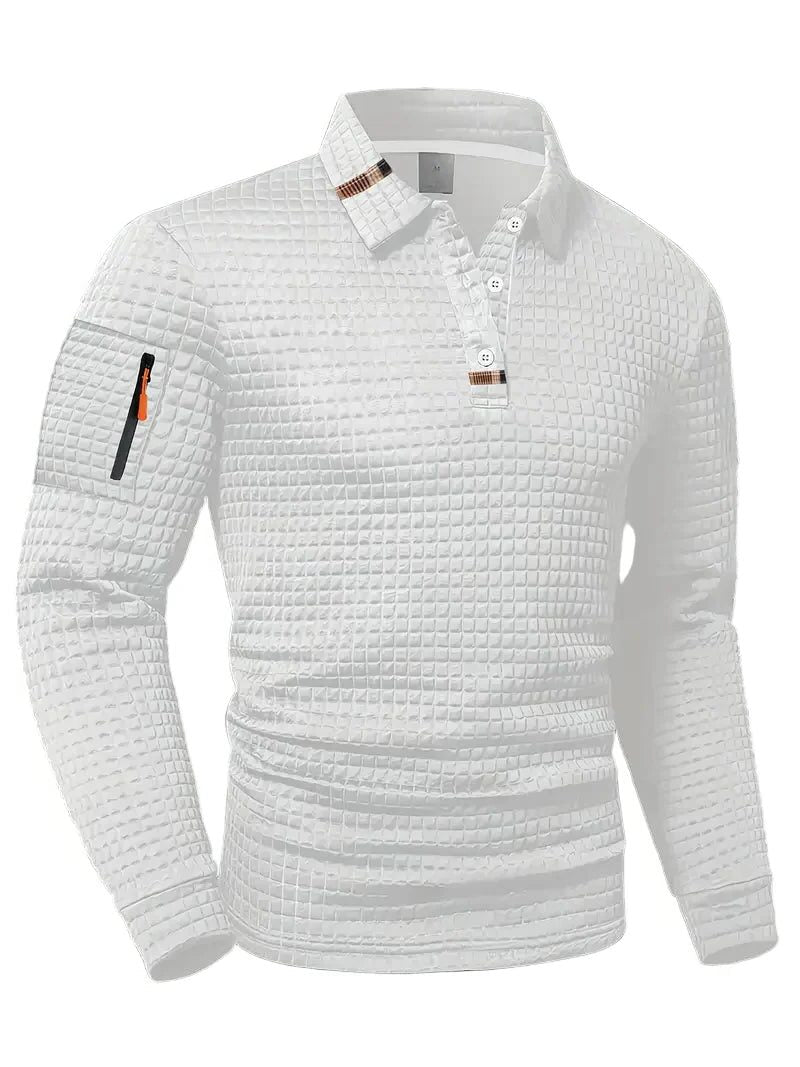 Waffle Textured Long Sleeve Polo Collar Knit Sweater with Zip Pocket for Men - White (Almost Sold Out)