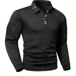 Waffle Textured Long Sleeve Polo Collar Knit Sweater with Zip Pocket for Men - Black
