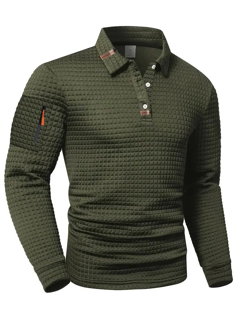 Waffle Textured Long Sleeve Polo Collar Knit Sweater with Zip Pocket for Men - Green (Almost Sold Out)