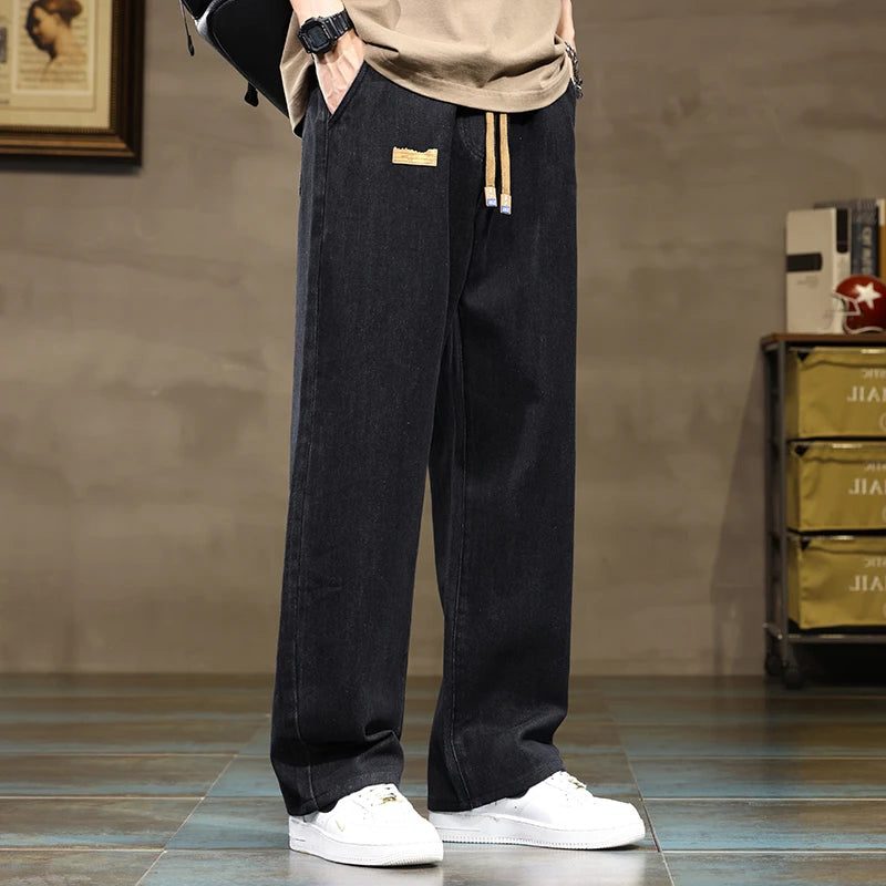 Wide-Leg Drawstring Jeans for Men - Black