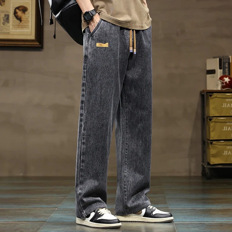 Wide-Leg Drawstring Jeans for Men - Gray