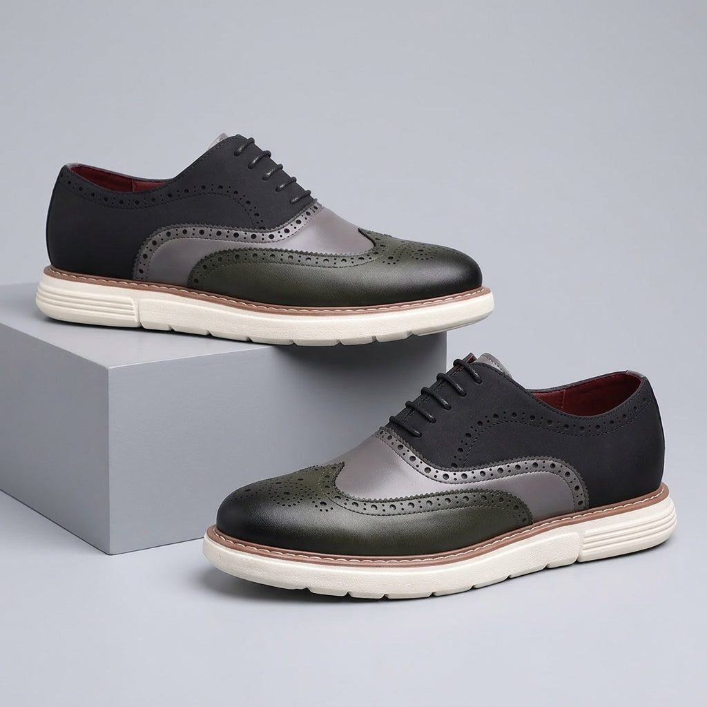 Wingtip Brogue Leather Oxford Shoes with Chunky Sole for Men - Indigo Blue