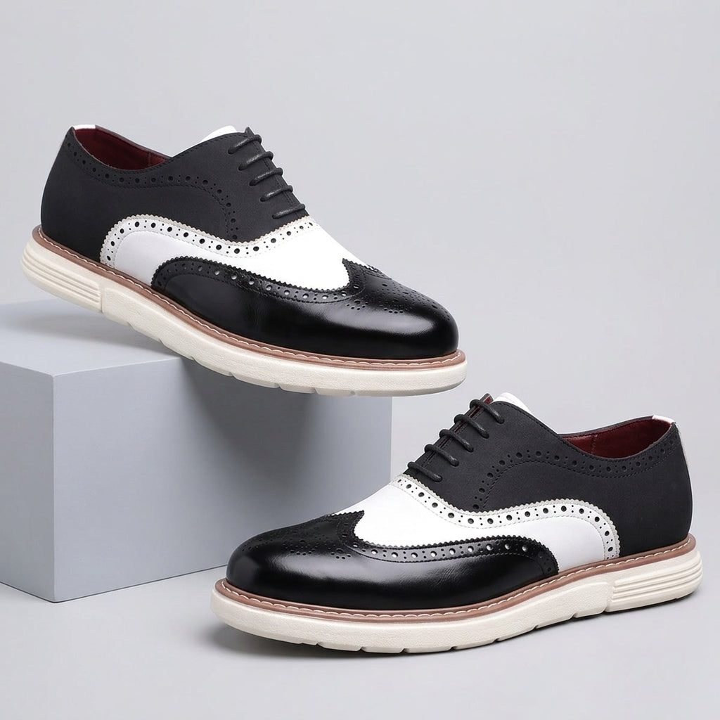 Wingtip Brogue Leather Oxford Shoes with Chunky Sole for Men - Black & White