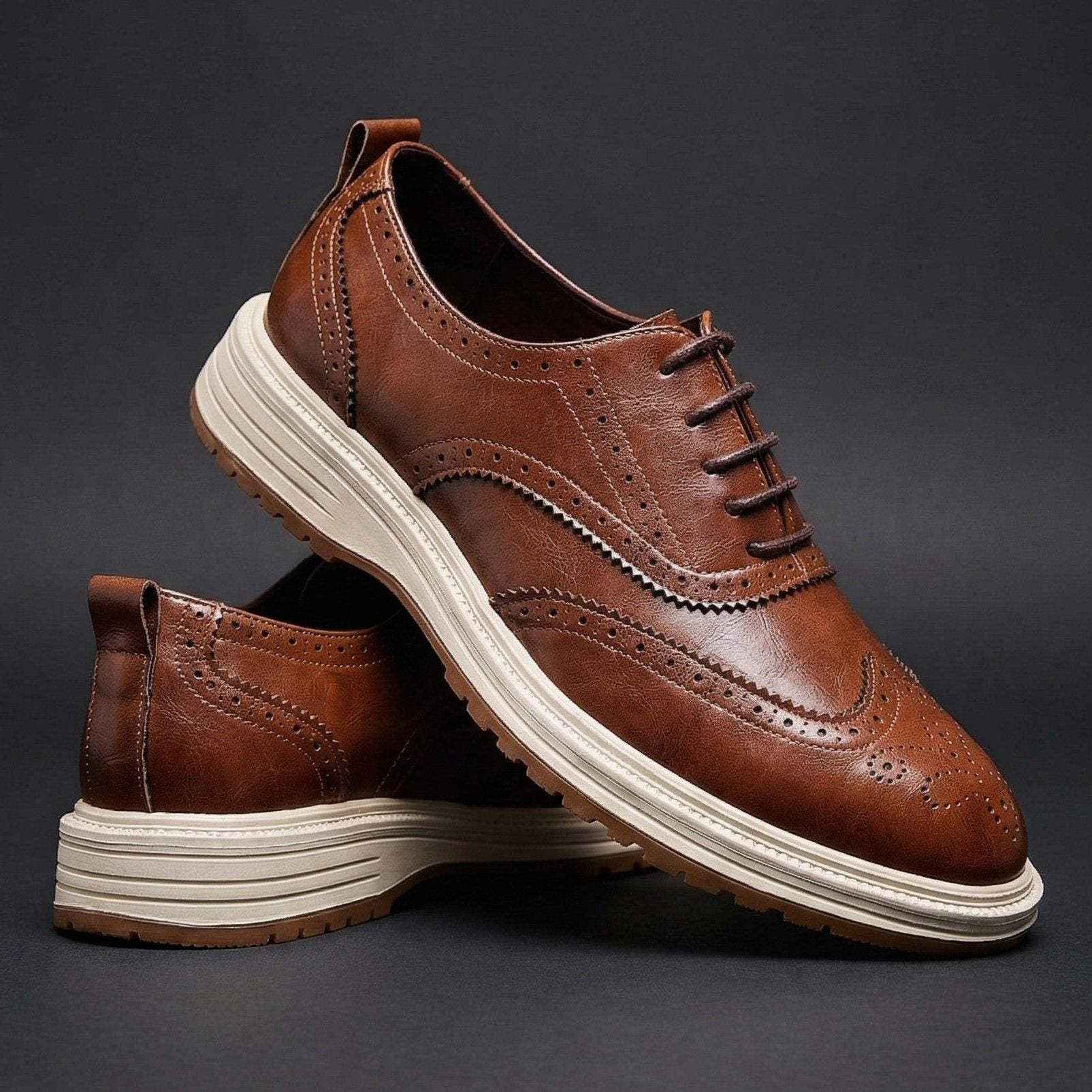 Wingtip Brogue Leather Shoes with Lace-Up Closure for Men