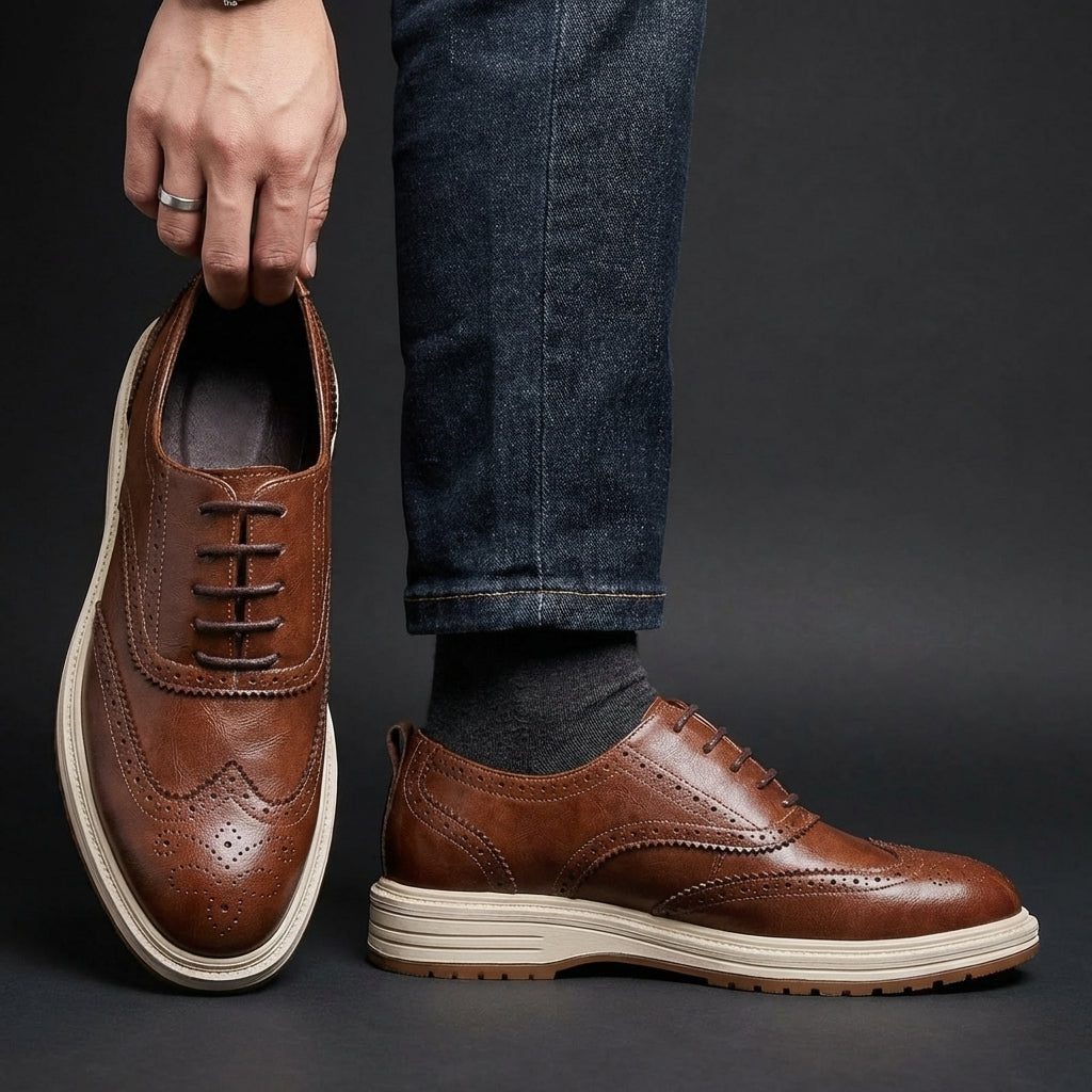 Wingtip Brogue Leather Shoes with Lace-Up Closure for Men - View 2