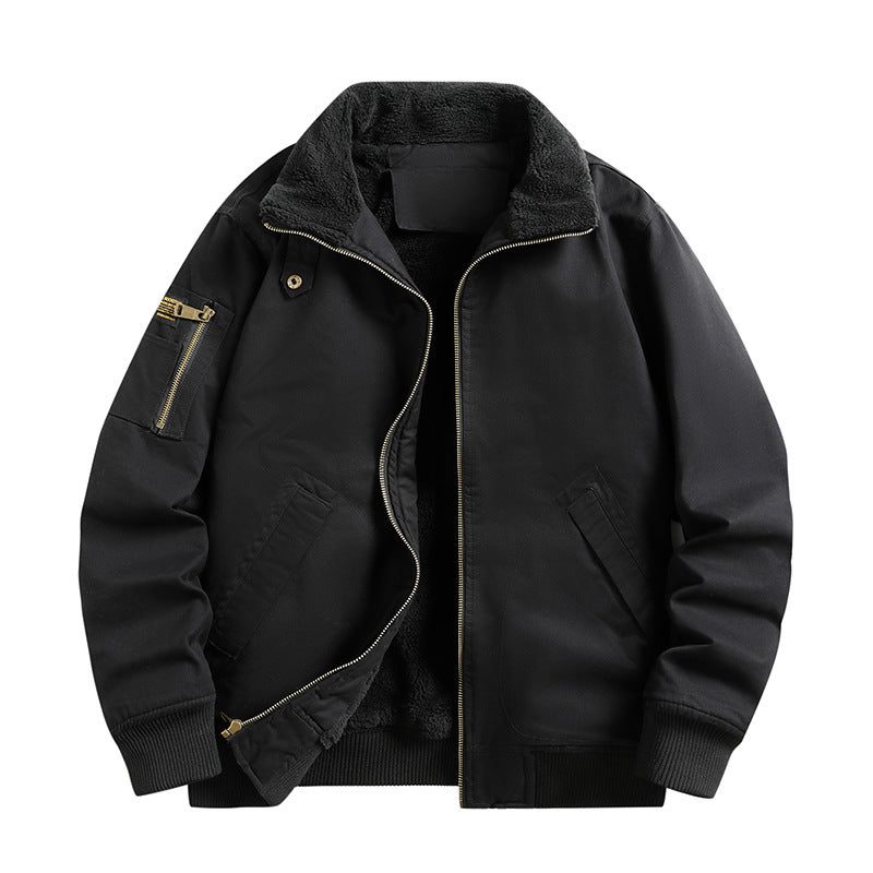 Winter Bomber Jacket with Fleece Collar and Ribbed Cuffs for Men