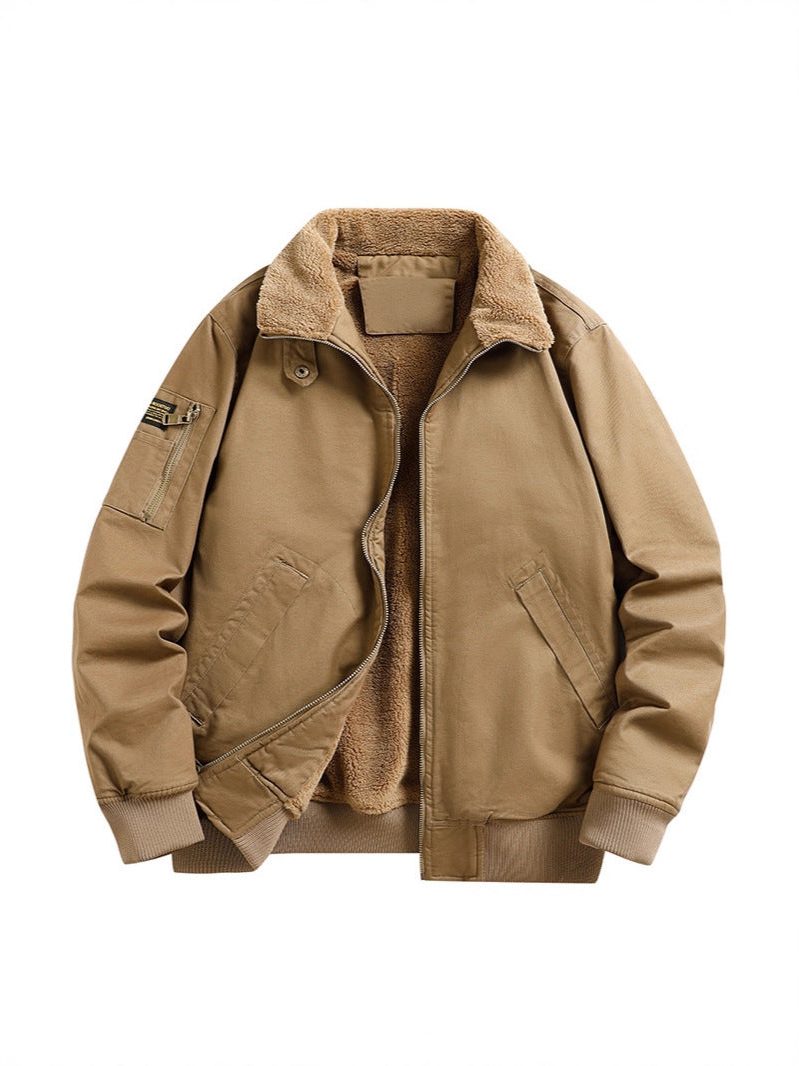 Winter Bomber Jacket with Fleece Collar and Ribbed Cuffs for Men - Camel