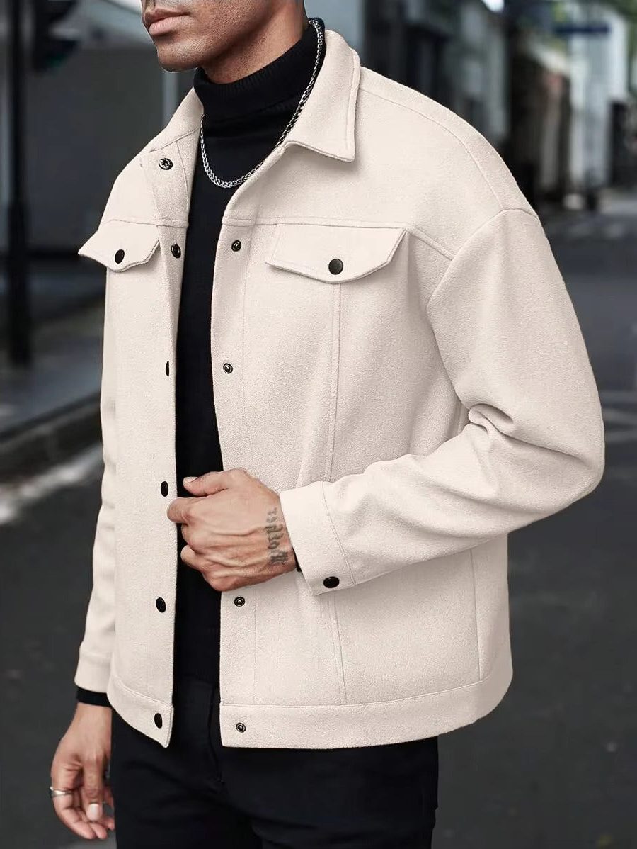 Wool Button-Up Jacket with Welt Pockets for Men - View 8