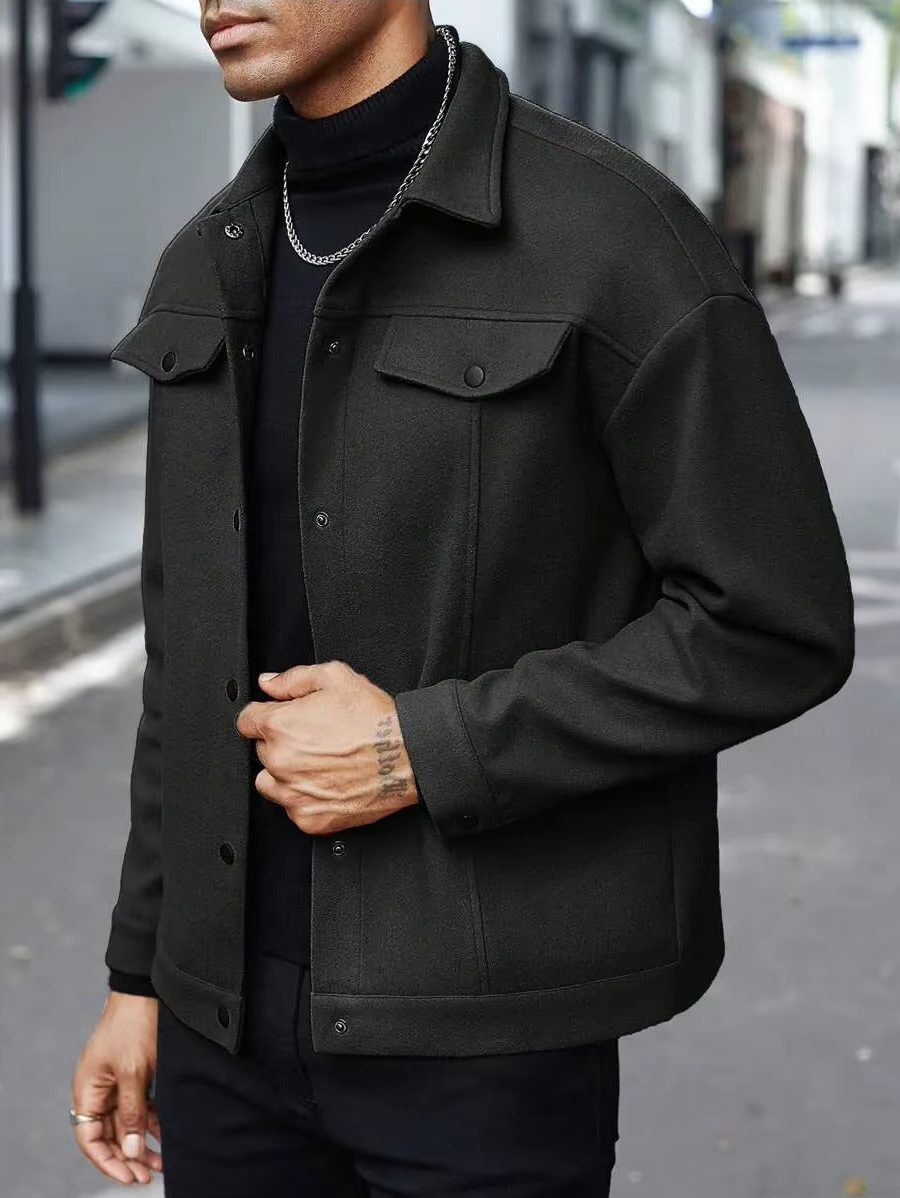 Wool Button-Up Jacket with Welt Pockets for Men - View 16