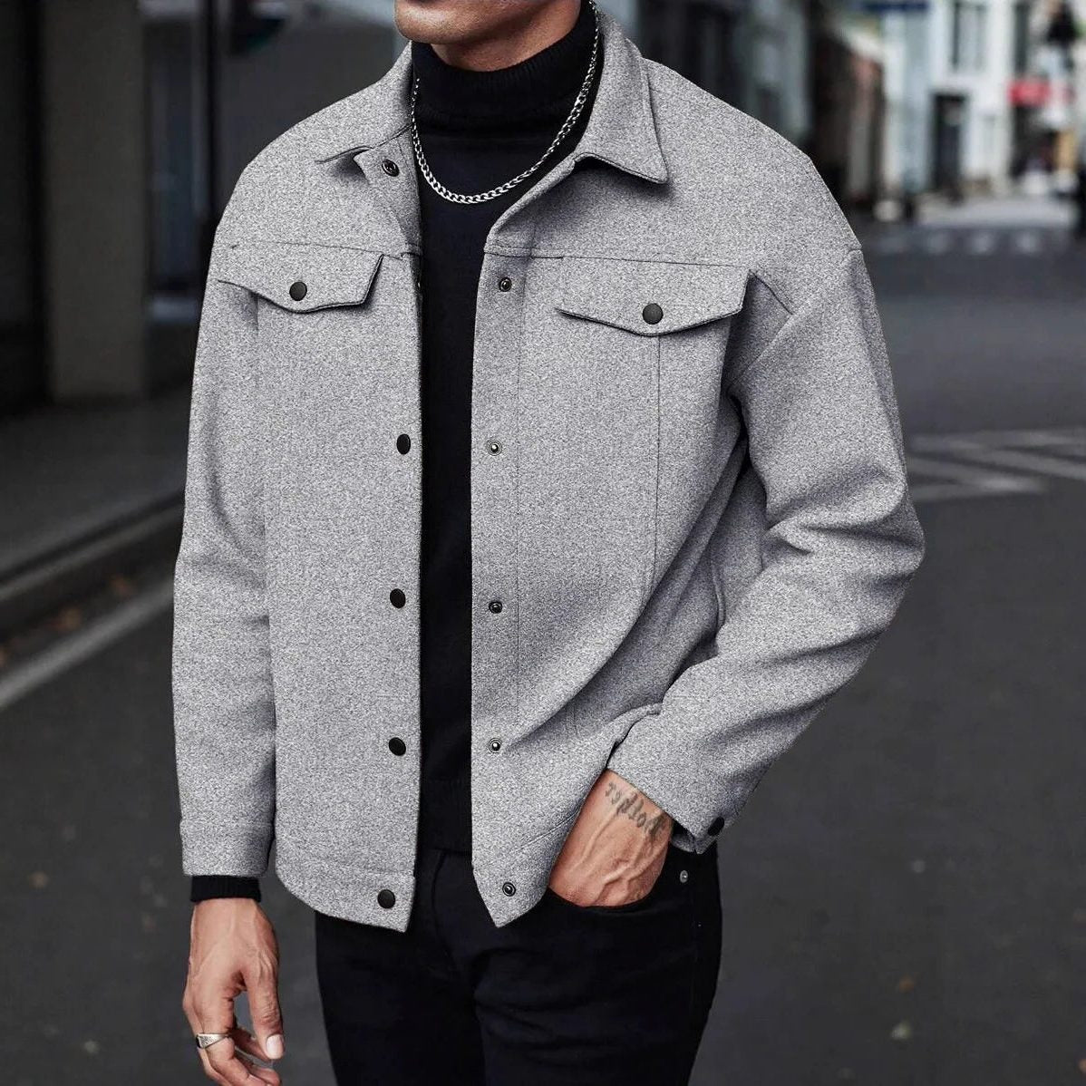 Wool Button-Up Jacket with Welt Pockets for Men - Gray