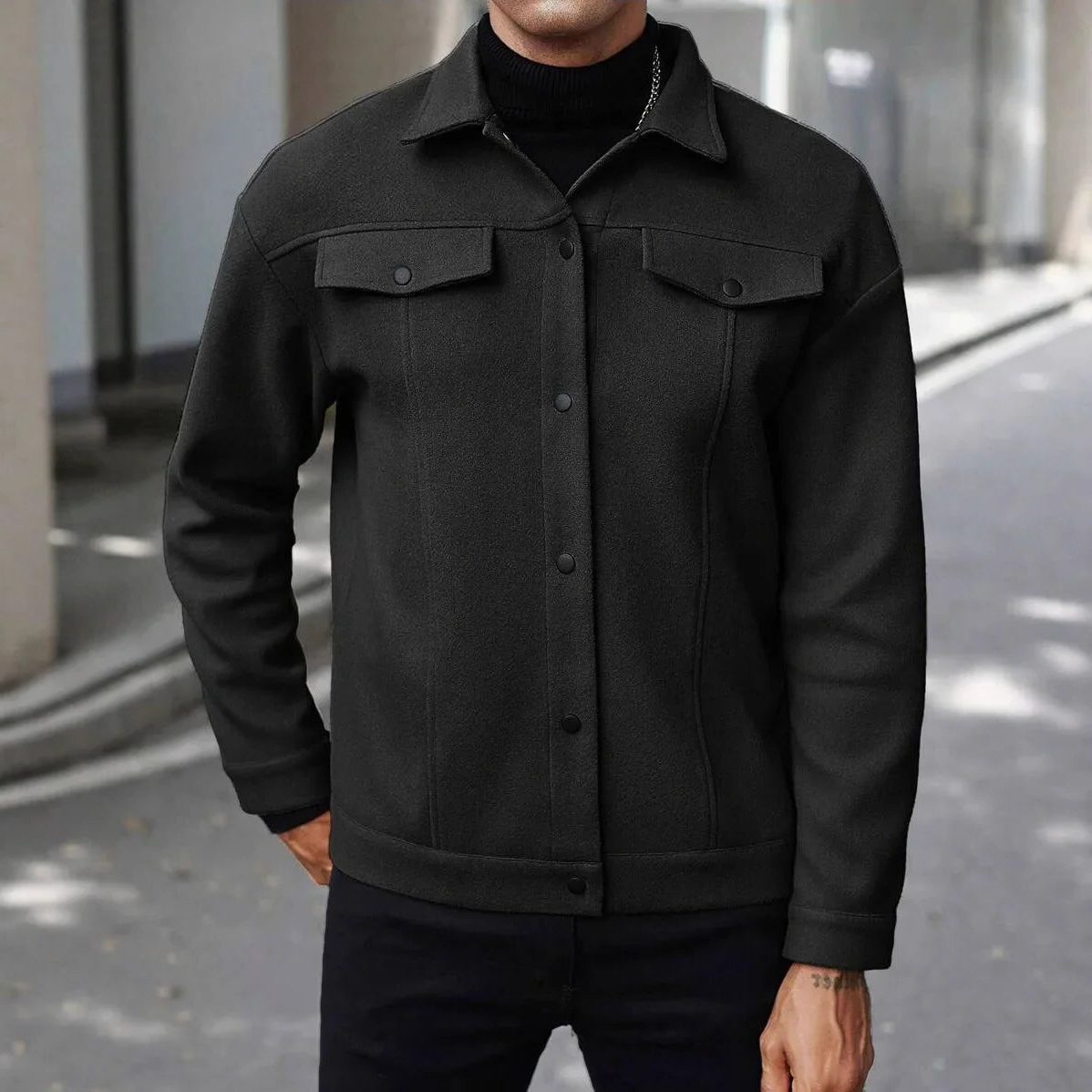 Wool Button-Up Jacket with Welt Pockets for Men - Black