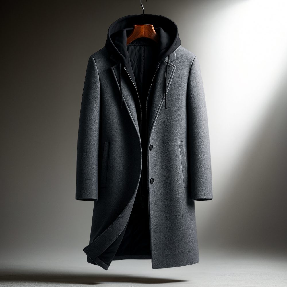 Wool Overcoat with Hood and Full-Zip for Men - Grey