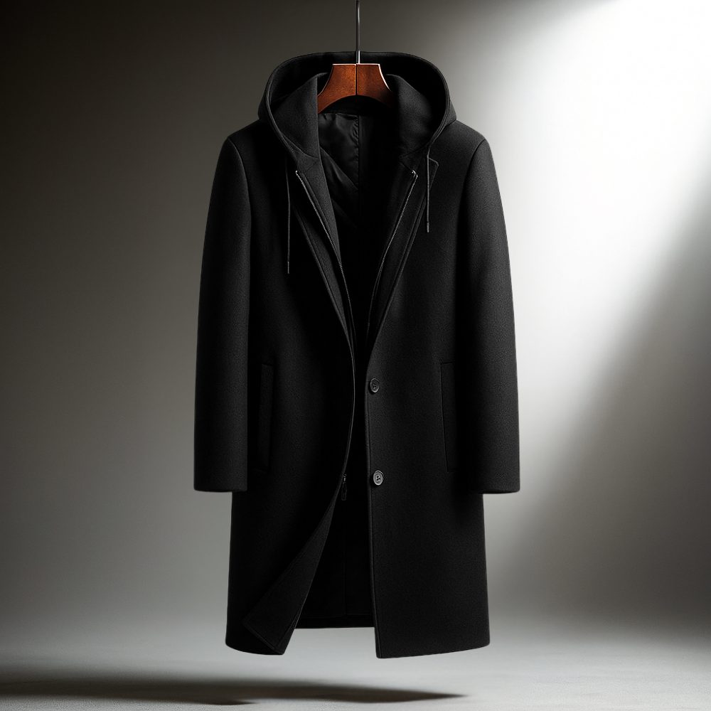 Wool Overcoat with Hood and Full-Zip for Men - Black