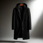 Wool Overcoat with Hood and Full-Zip for Men - Black