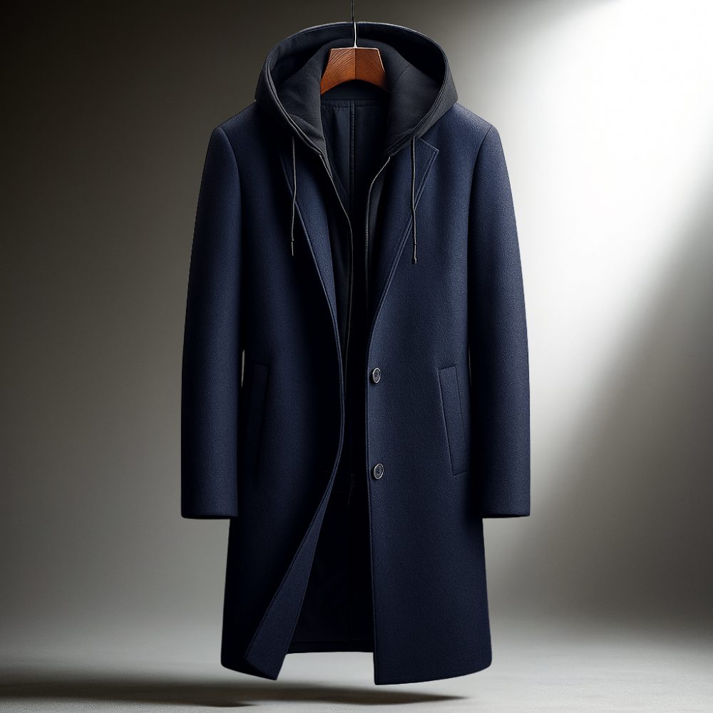Wool Overcoat with Hood and Full-Zip for Men - Navy